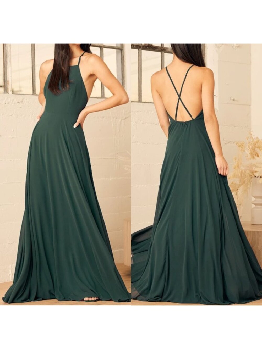 Lulu's Mythical Kind Of Love Maxi Dress Size Large Strappy Open Back Flowy Green
